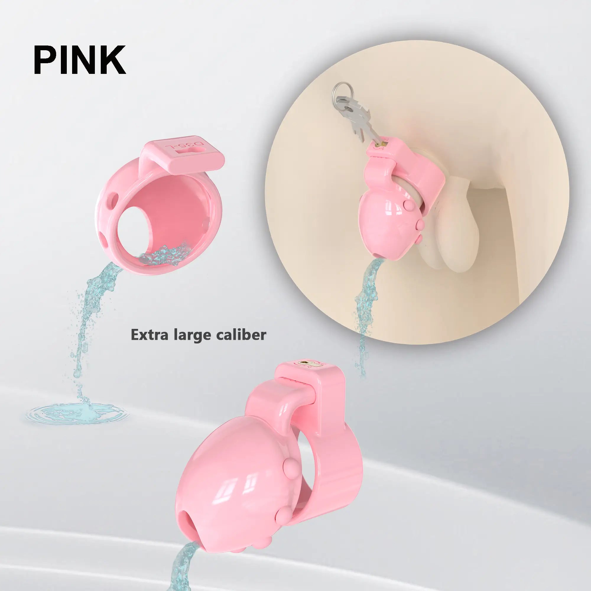 Pink D35 lock showing the rear opening, front aperture and drainage illustration

