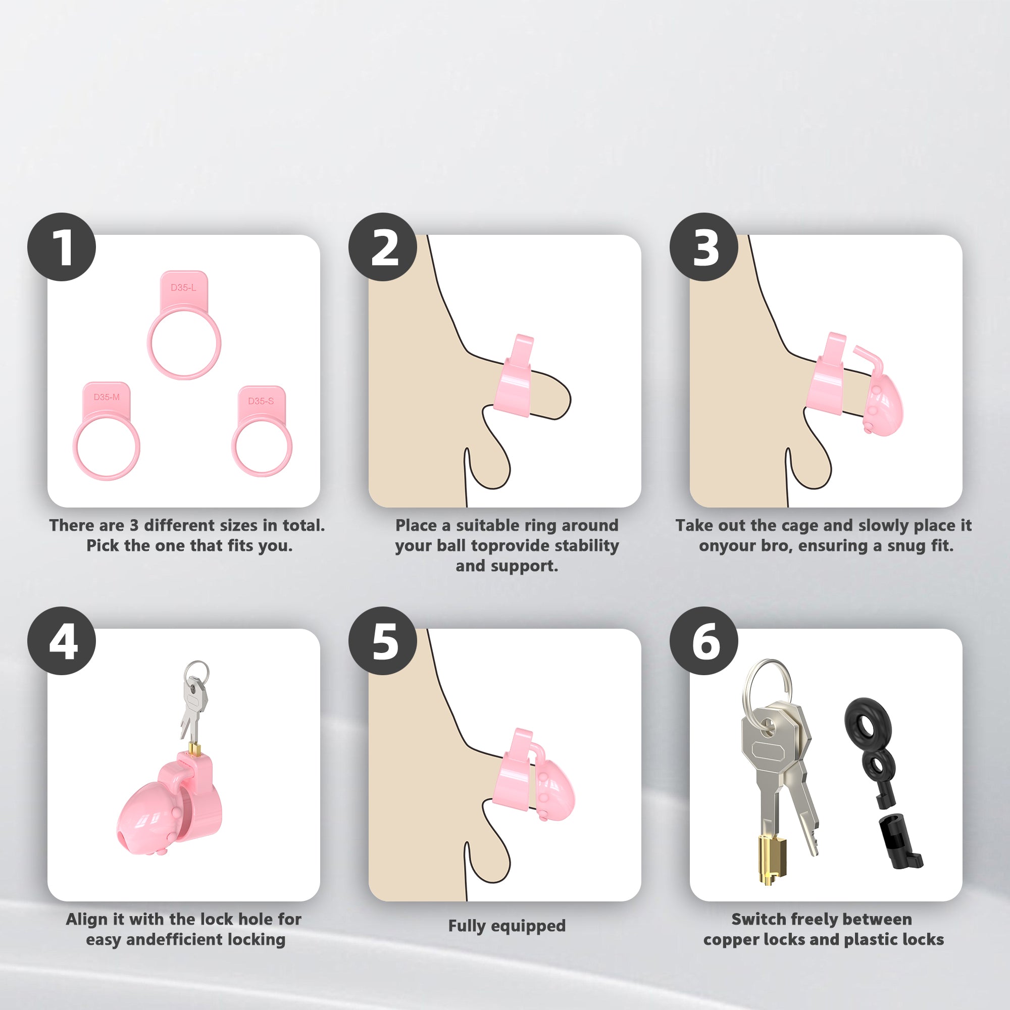 Six-step illustrated fitting and locking guide for the pink D35 ringless head-enclosing lock
