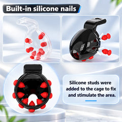 Built-in silicone studs inside a black D35 head-enclosing lock, shown with interior detail views
