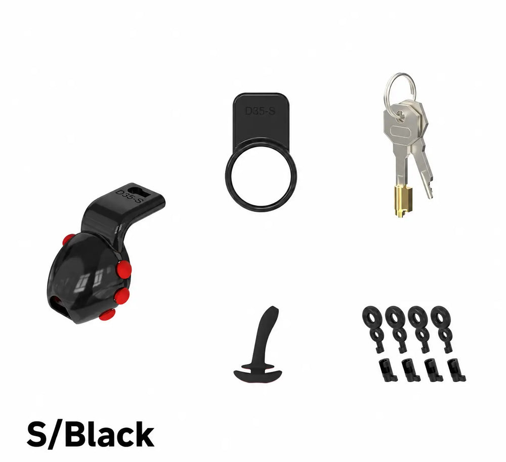Black size S D35 lock, retaining ring, keys, insert and plastic locks on a white background
