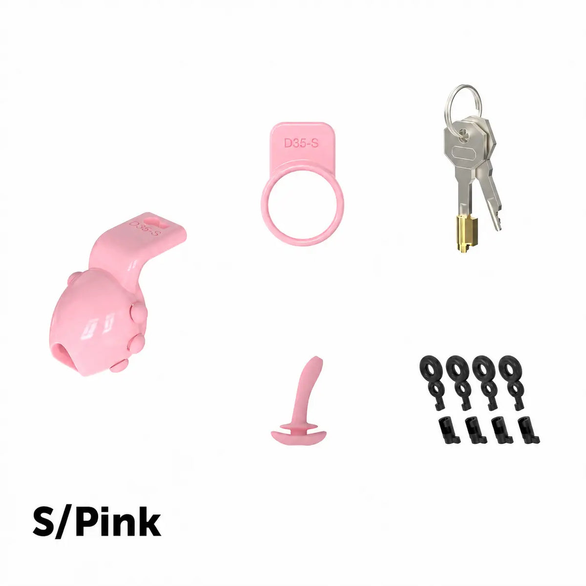 Pink size S D35 lock, retaining ring, keys, insert and plastic locks on a white background

