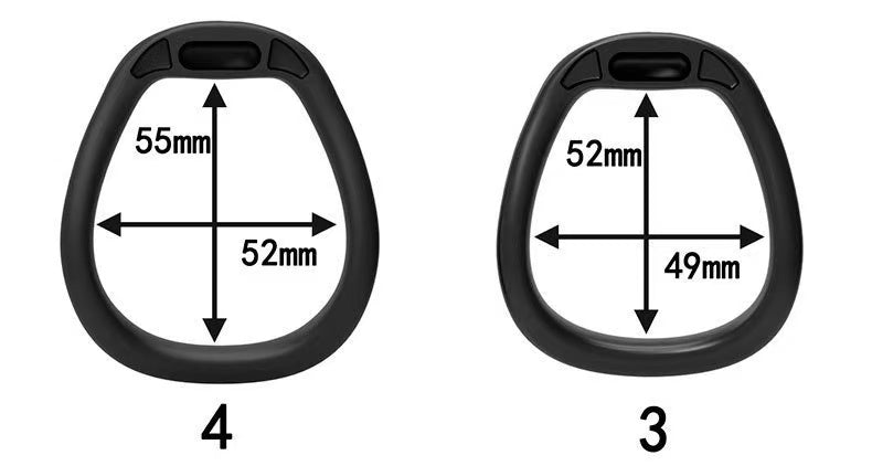 Two dog head cage ring options with inner width measurements