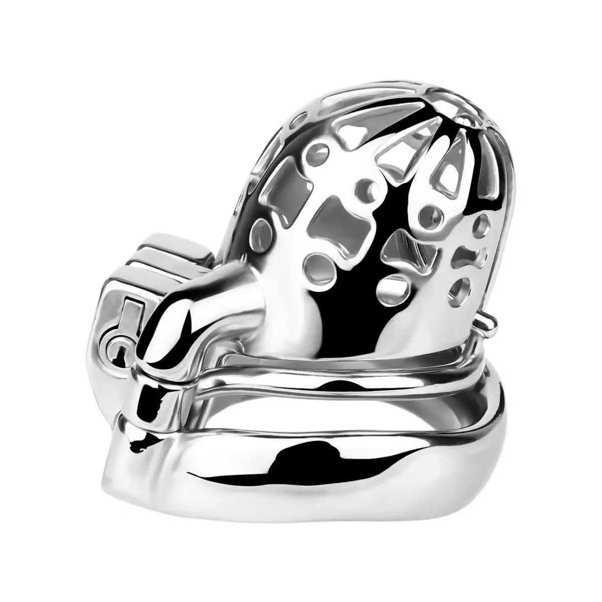 front view of polished metal cage