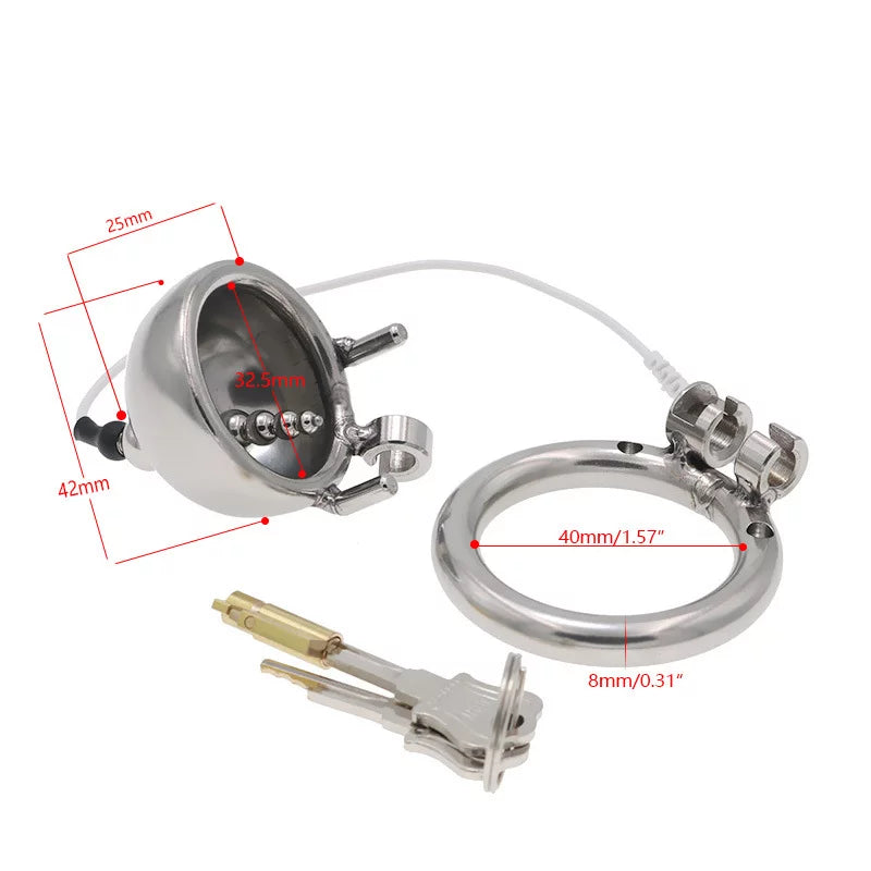Electric steel dome chastity cage with 40 mm ring dimensions