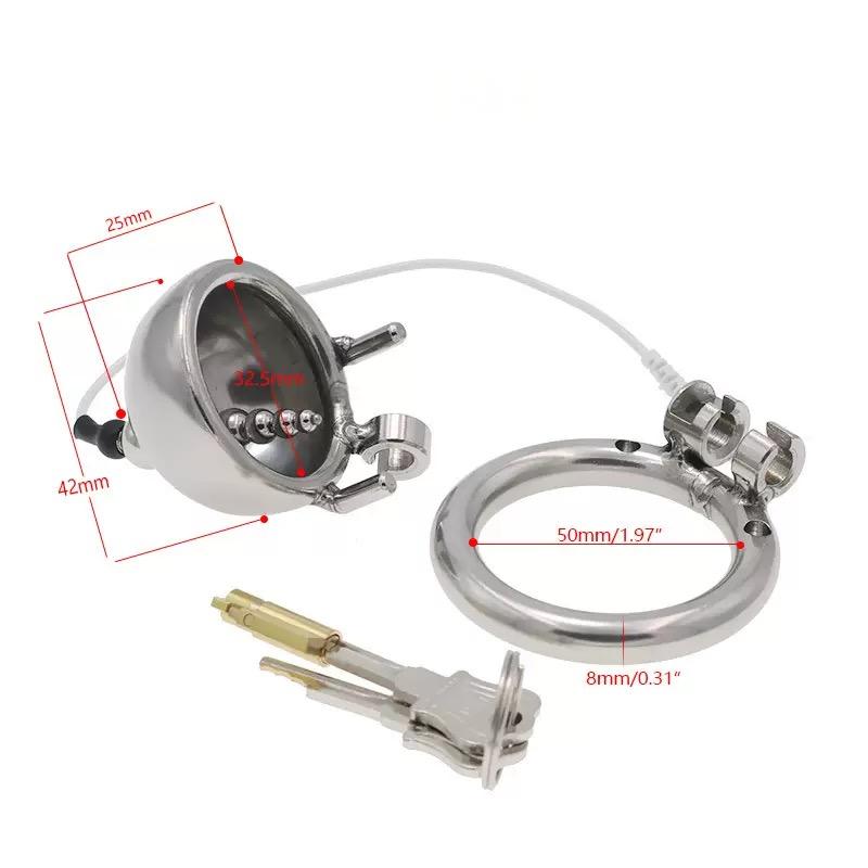 Electric steel dome chastity cage with 50 mm ring dimensions