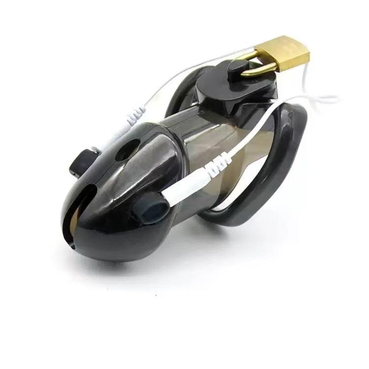 angled view of black cage and lock