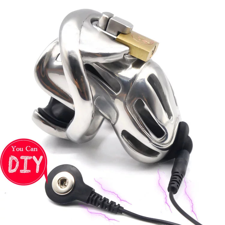 Stainless steel electric shock chastity cage with connection lead