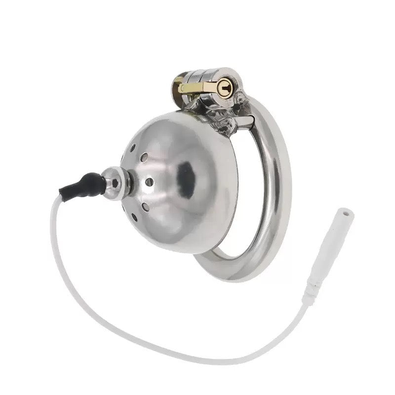 Electric stainless steel dome chastity cage with ring and cable