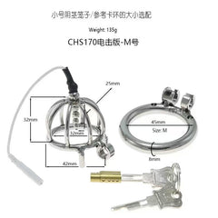 Small electric steel chastity cage with 45 mm ring and dimensions