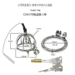 Small electric steel chastity cage with 50 mm ring and dimensions