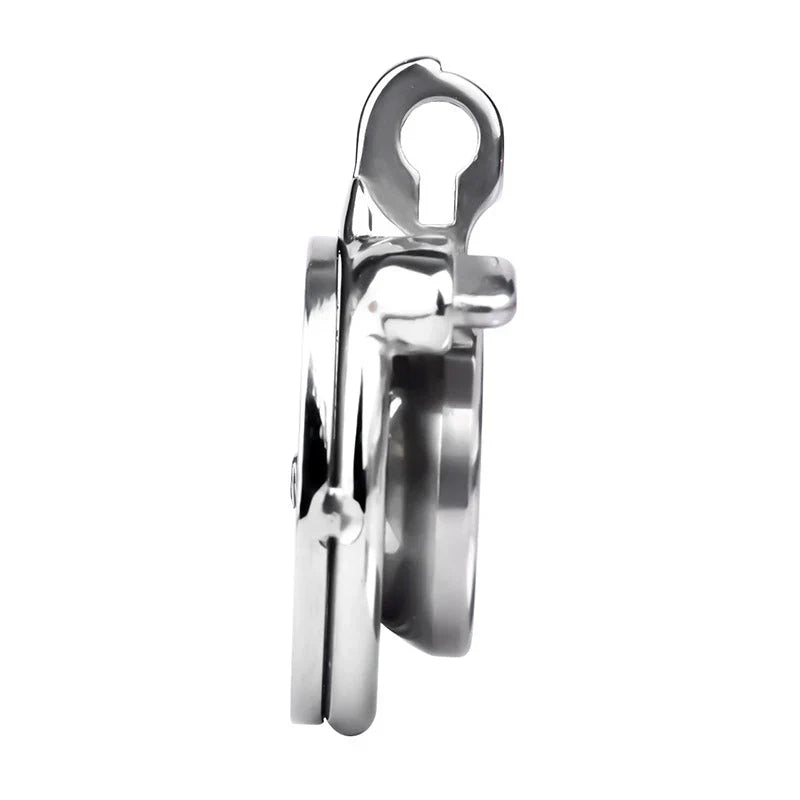 Angled view of enclosed inverted stainless steel chastity cage