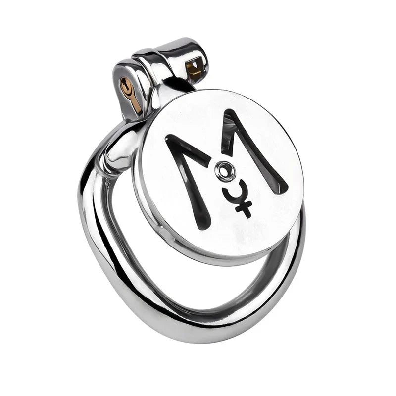 Front view of enclosed inverted stainless steel chastity cage