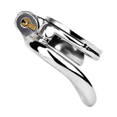 Rear view of enclosed inverted stainless steel chastity cage
