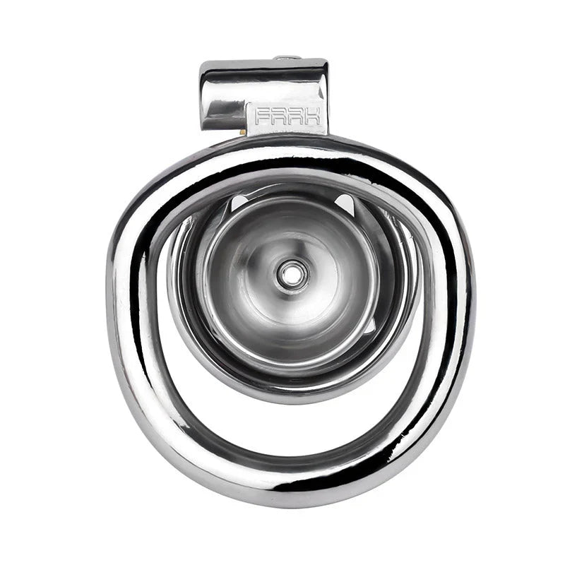 Side profile of enclosed inverted stainless steel chastity cage