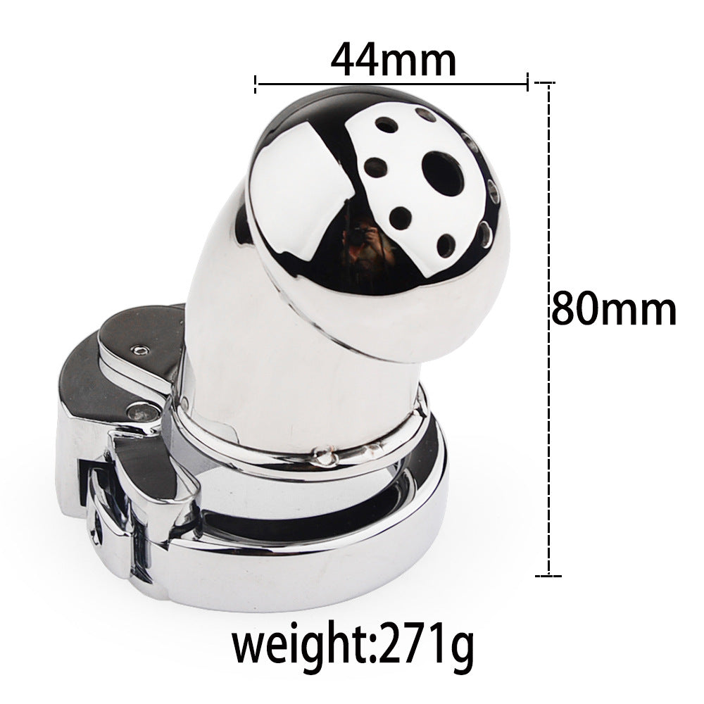 Longer mushroom-head chastity cage variant shown with adjustable ring