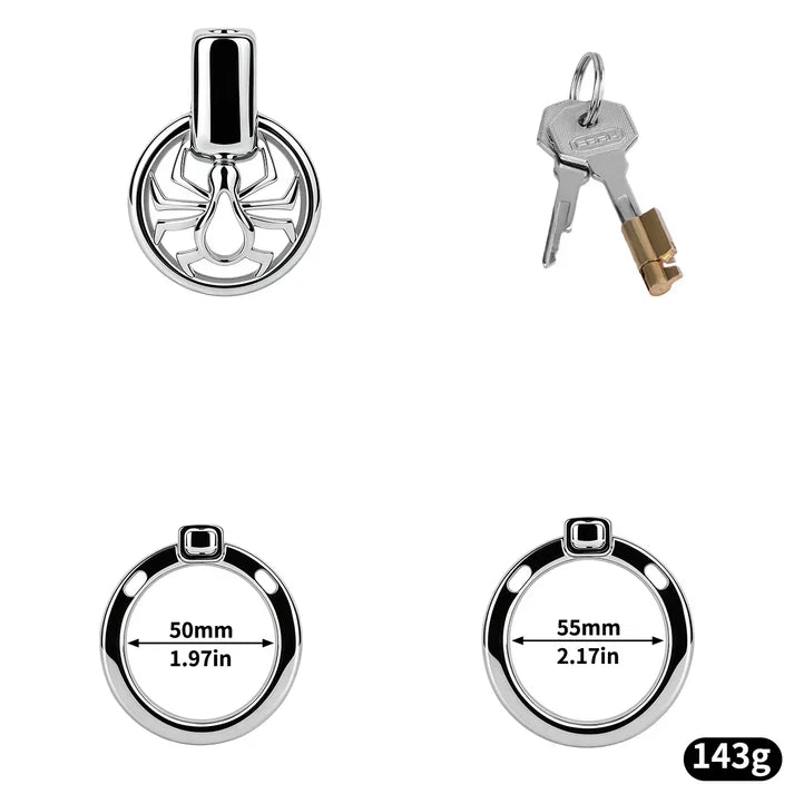 Large F328A spider chastity cage with 50 and 55 mm base rings