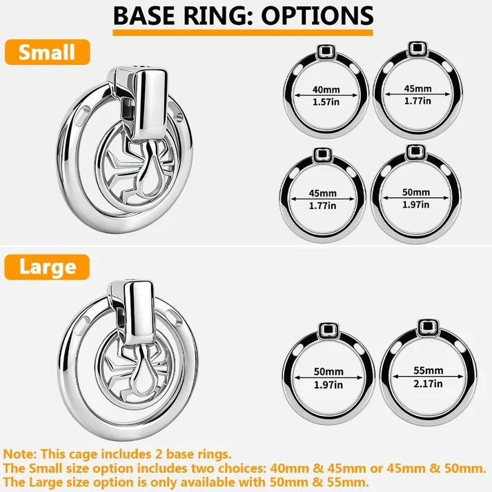 F328A spider chastity cage base-ring size options from 40 to 55 mm