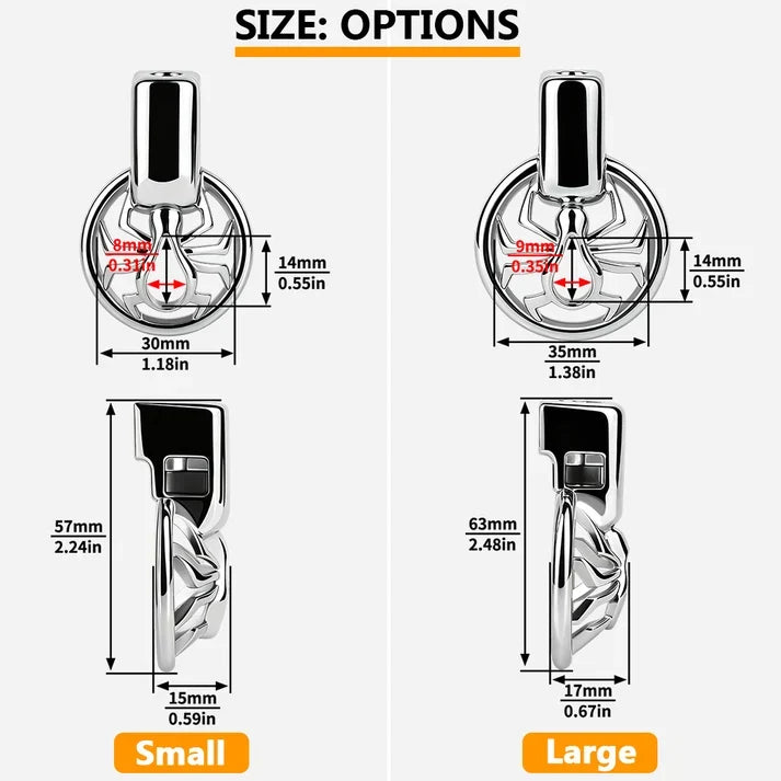 F328A Small and Large spider chastity cage dimensions