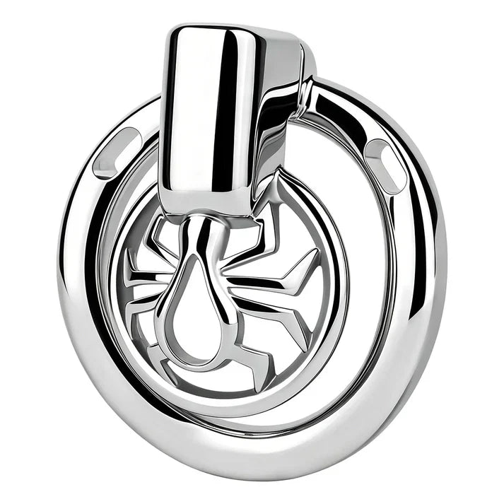 Angled view of the F328A spider-design metal chastity cage