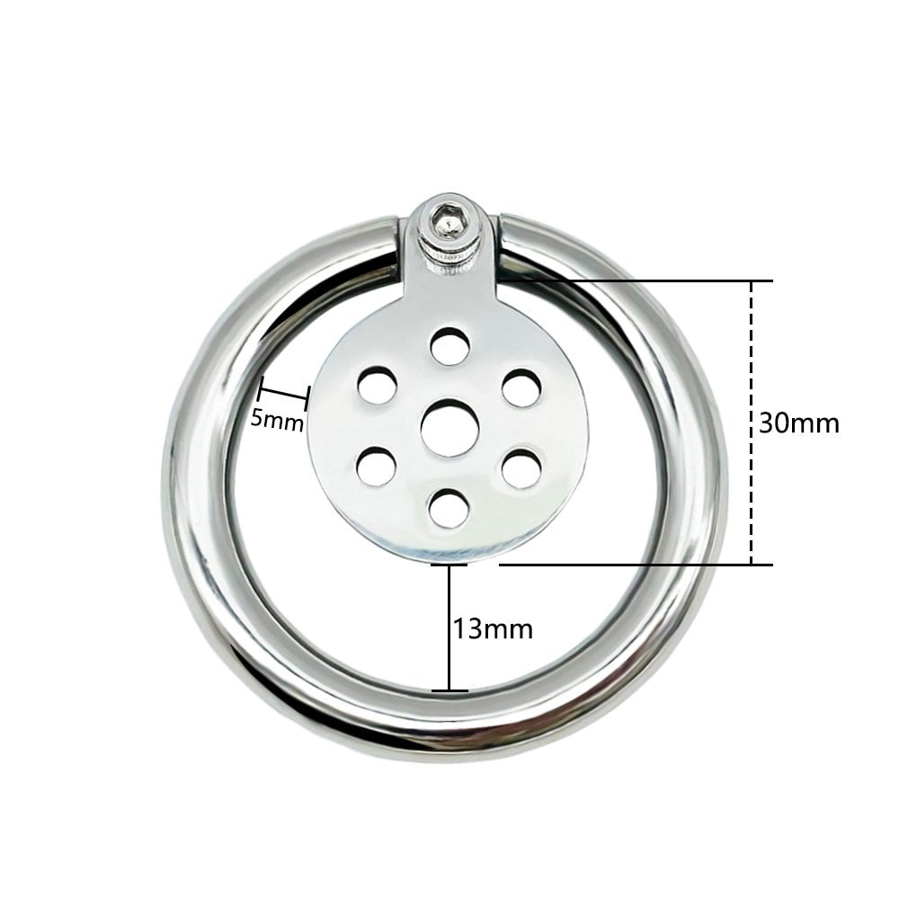 Angled view of the JTS S235 flat stainless steel chastity cage with circular ring

