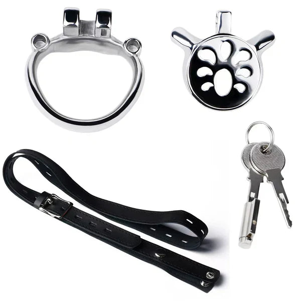 Heavy-duty flat chastity cage with optional black waist belt
