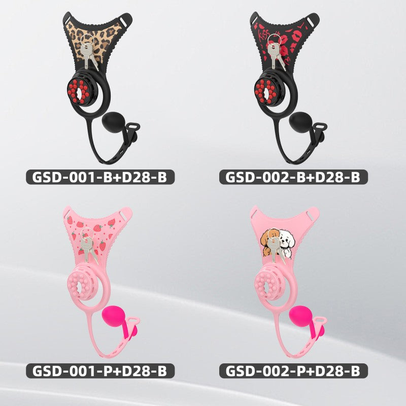 Flat-head silicone chastity harnesses in leopard, Kiss, Strawberry and Puppy styles