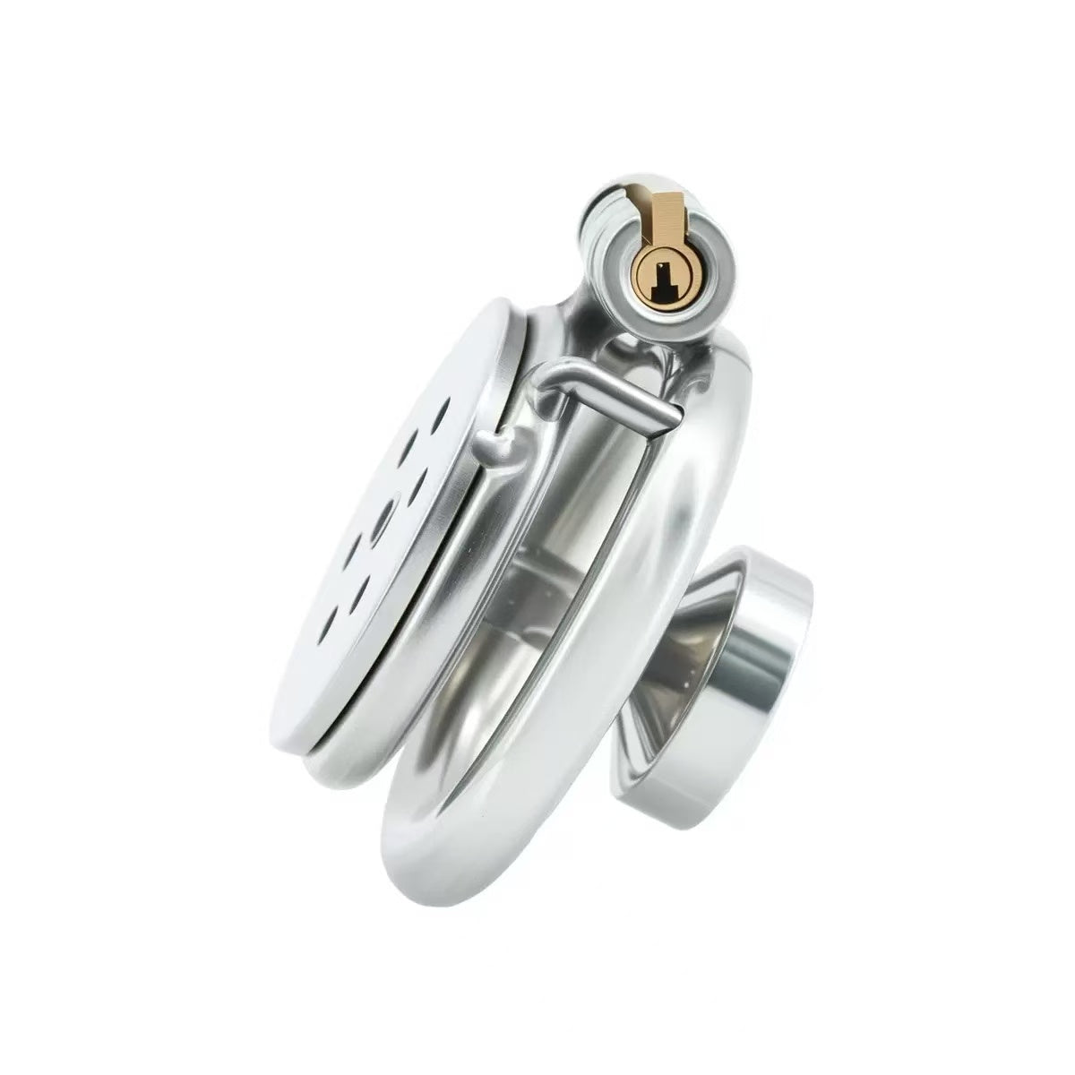 Side view of LKM-044 flat plate steel chastity cage and brass lock