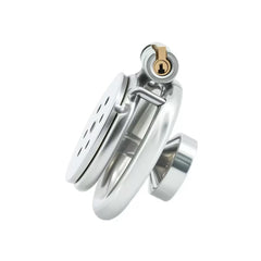 Side view of LKM-044 flat plate steel chastity cage and brass lock