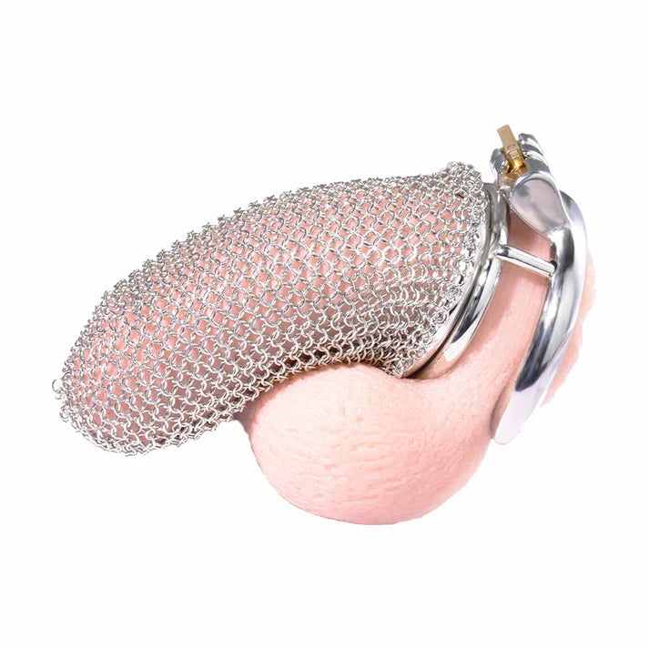 Profile view of stainless steel mesh chastity cage