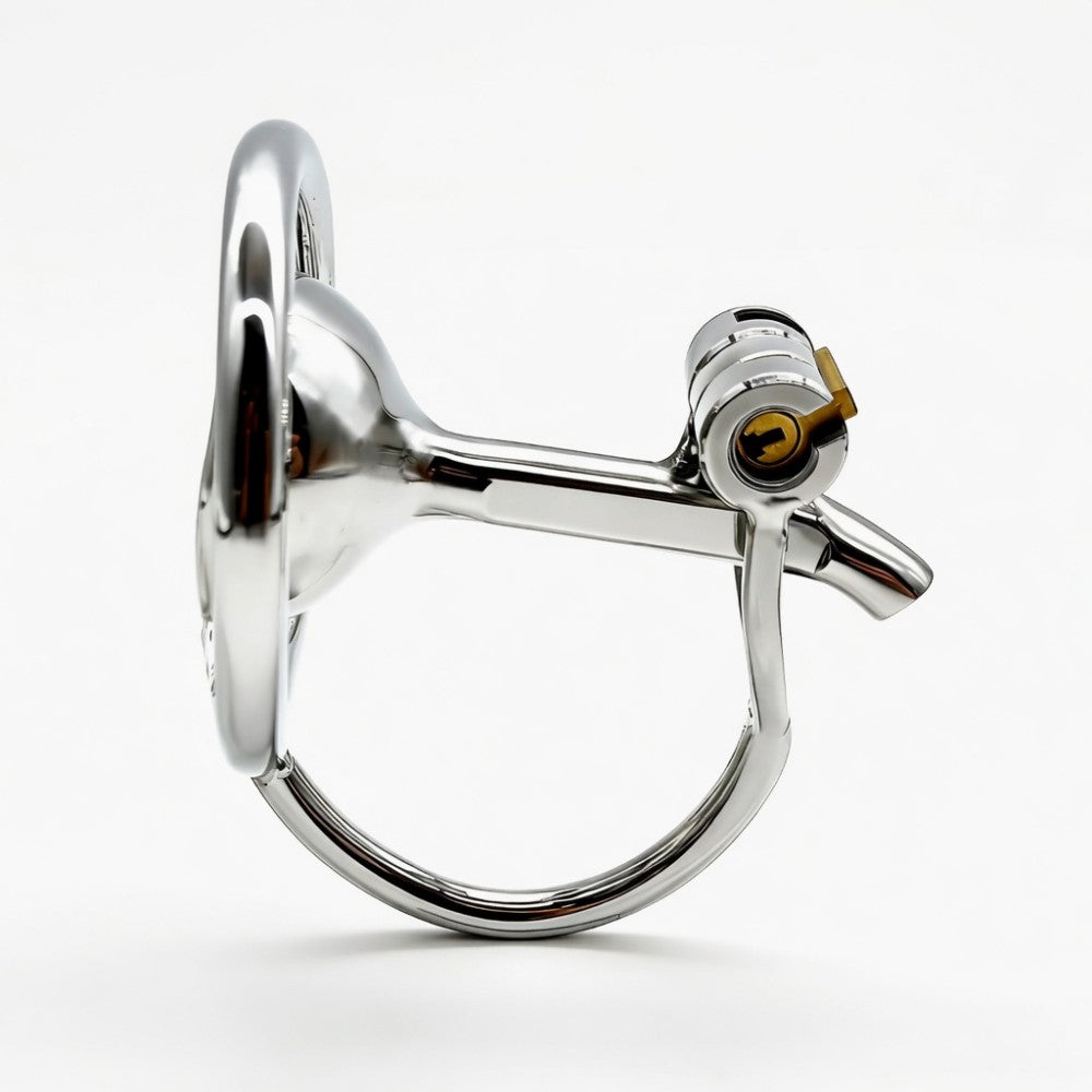 Profile view of LKM-099 flip-style chastity cage and connecting rod