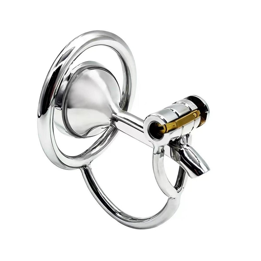 Flip-style stainless steel chastity cage LKM-099 angled view
