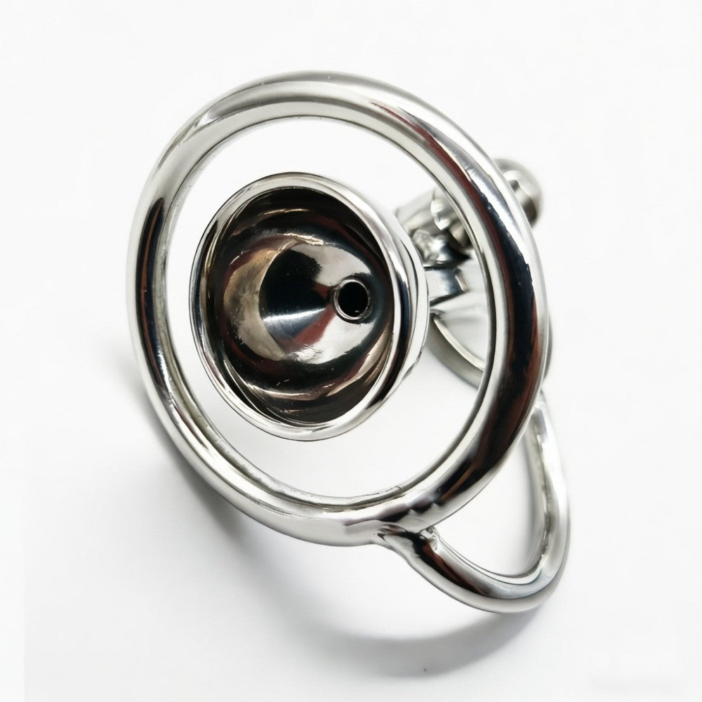 Front view of cup-shaped LKM-099 stainless steel chastity cage