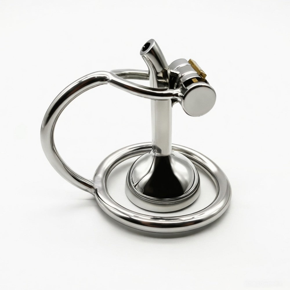 Side view of LKM-099 flip-style steel chastity cage and brass lock