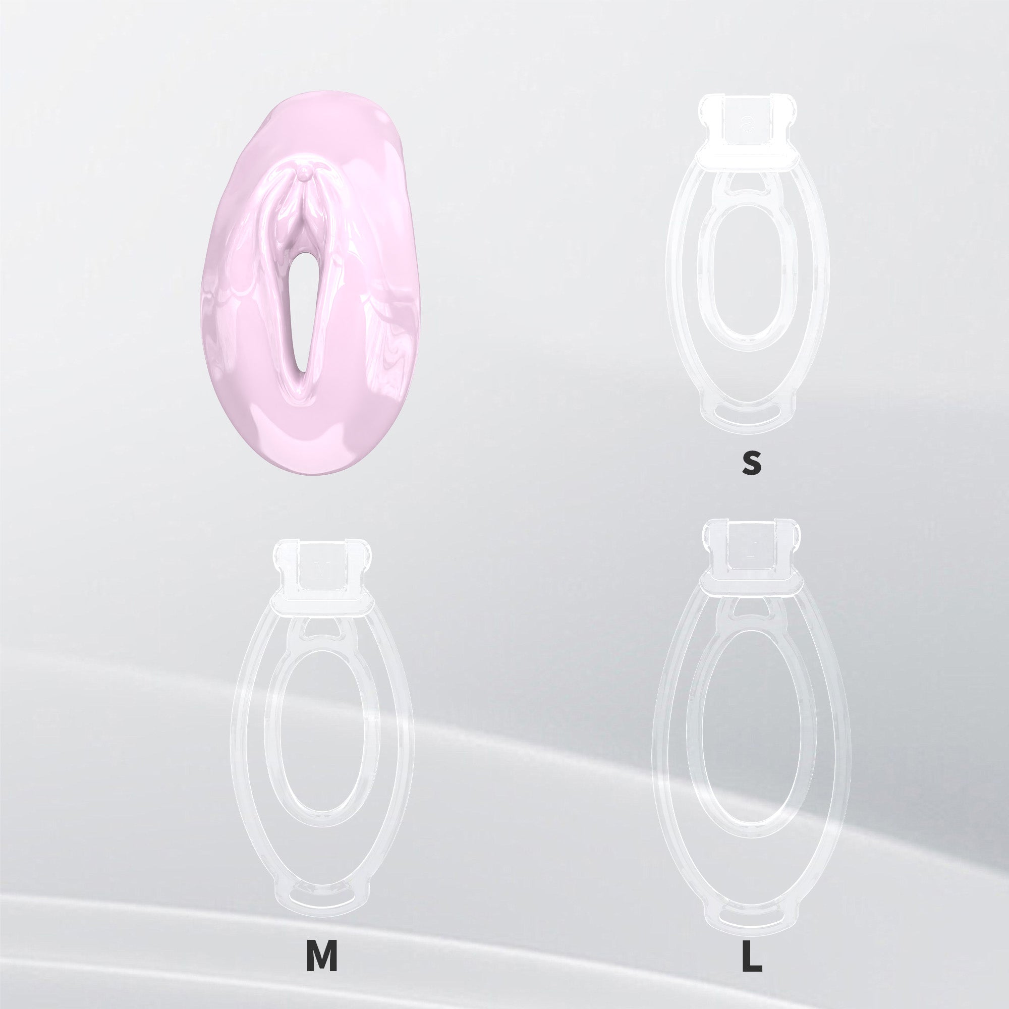 Crystal Pink FuFu Y2 front cover with three clear S, M and L retaining clips
