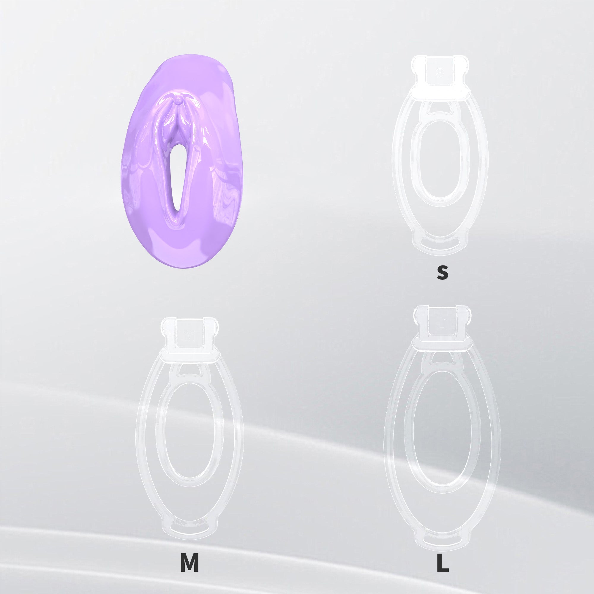 Purple FuFu Y2 front cover with three clear S, M and L retaining clips
