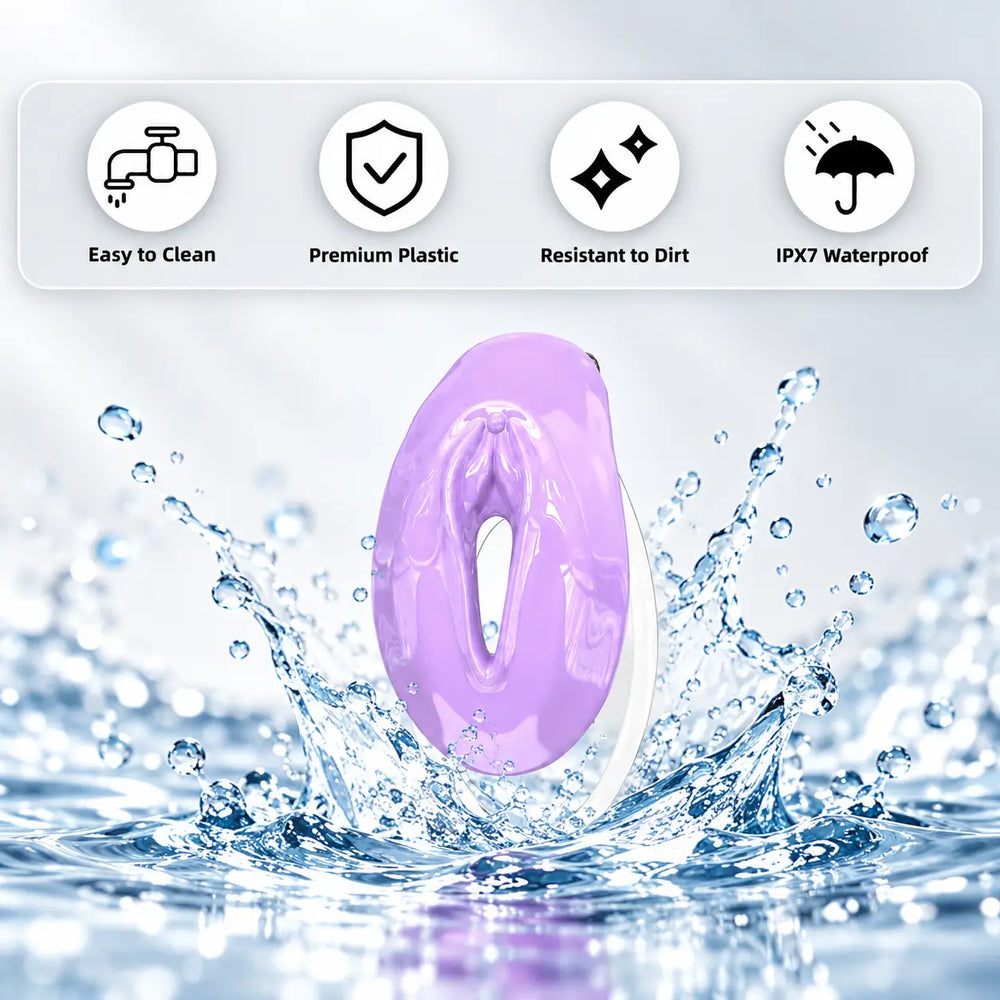 Purple FuFu Y2 clip in a water-splash graphic with IPX7 waterproof and cleaning-feature icons
