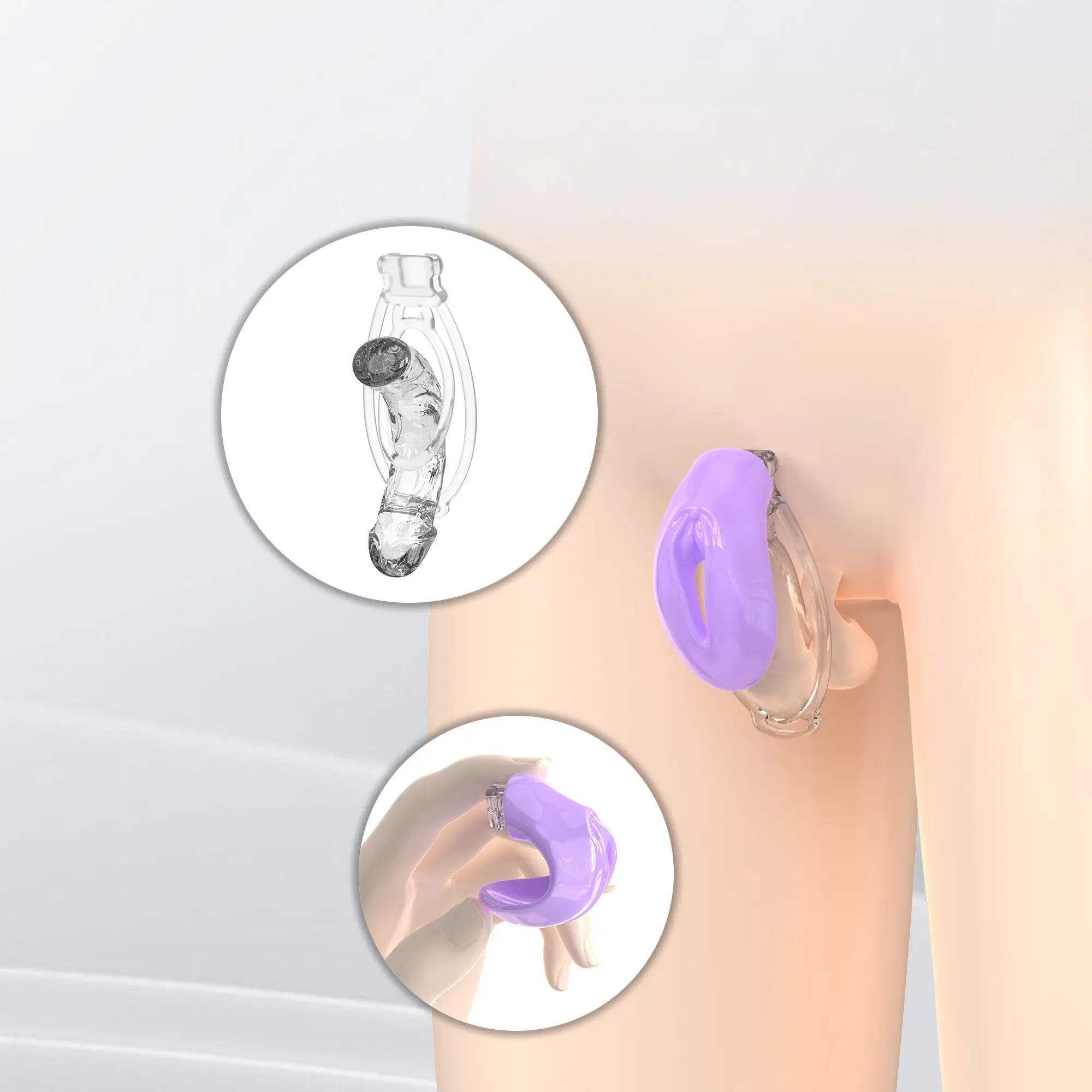 FuFu Y2 fitting preview beside close-up views of the clear double-ring retaining clip
