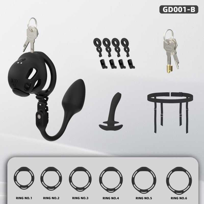 Black GD001 cage with six rings, harness, locks, plugs and remote
