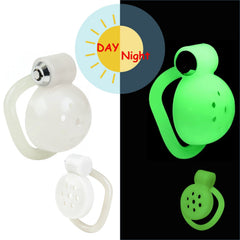 White ABS cages in light and glowing green domed and flat designs in darkness
