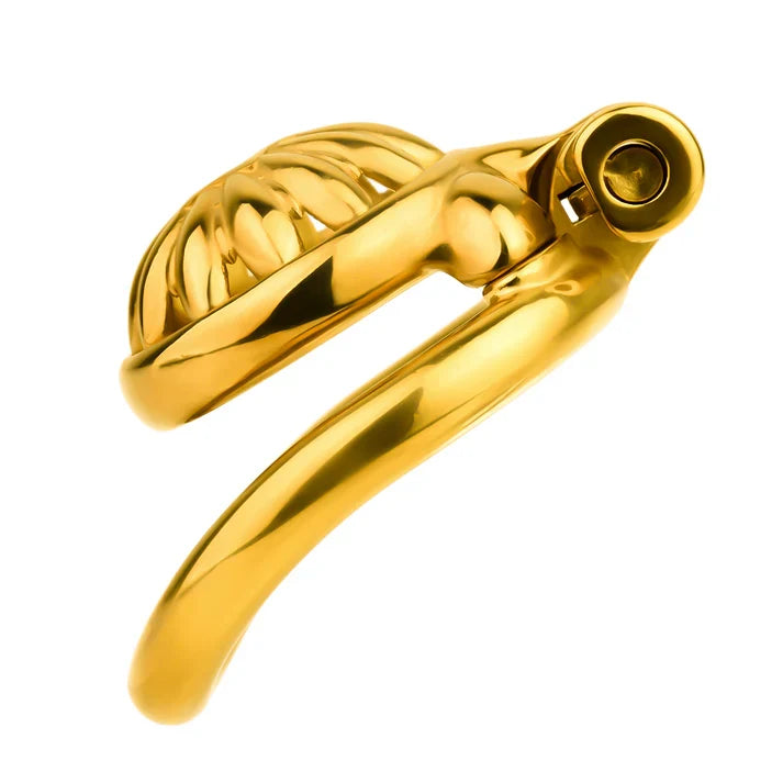 Side view of gold flower-pattern steel cage