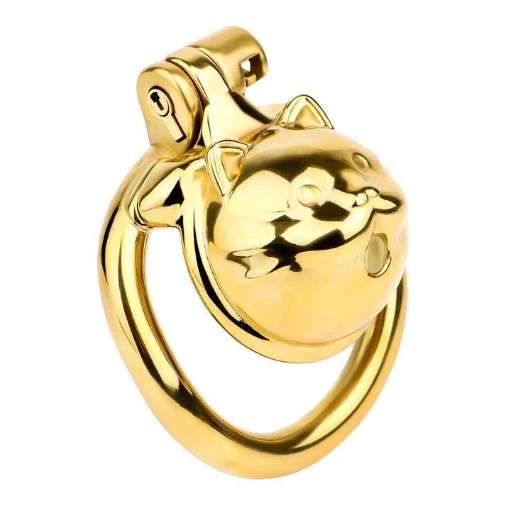 Side view of gold lucky cat mini chastity cage