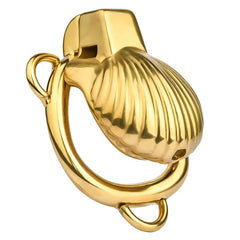 Side view of gold shell-shaped steel chastity cage