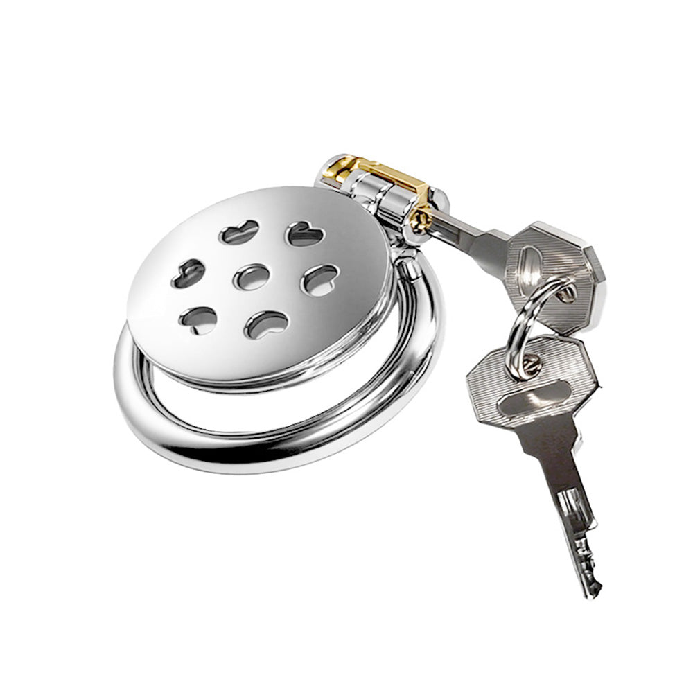 Heart-cutout flat stainless steel chastity cage with sliding lock and keys