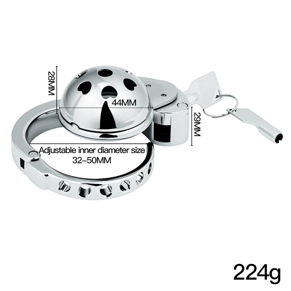 ZC-195 dome chastity cage showing 44mm width 32–50mm ring and 224g weight