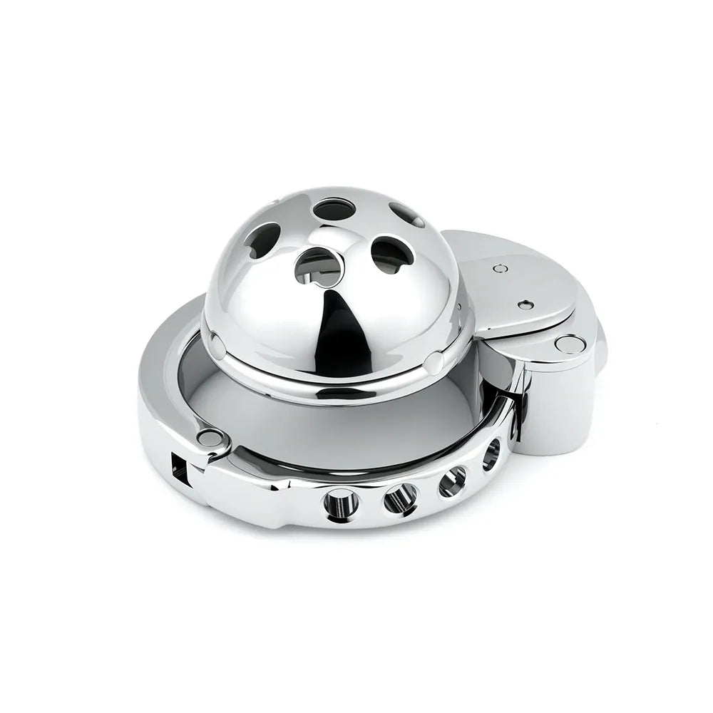 Heart-pattern dome metal chastity cage ZC-195 angled view