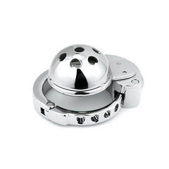 Heart-pattern dome metal chastity cage ZC-195 angled view