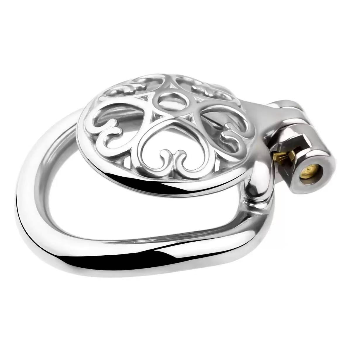 Angled view of heart-pattern flat chastity cage LKM-042