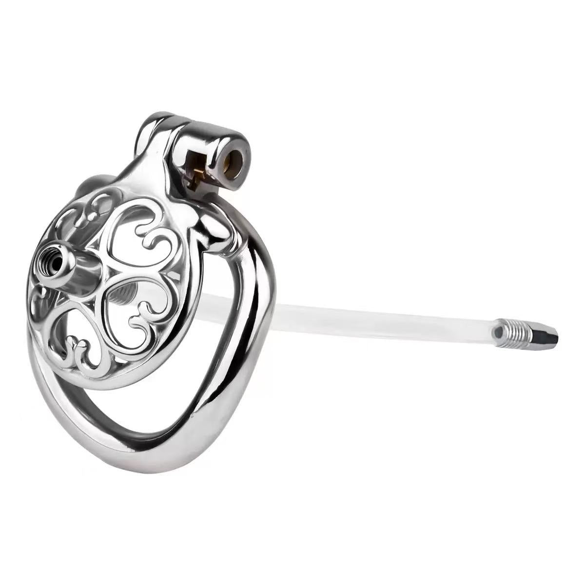LKM-042 flat chastity cage with optional metal catheter configuration shown