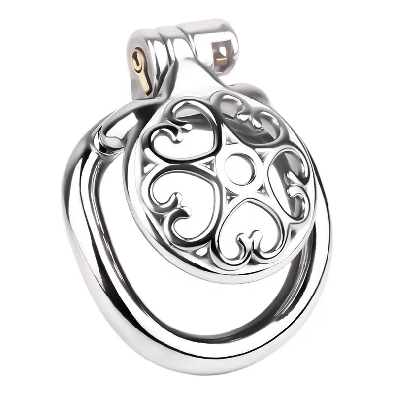 Heart-pattern flat stainless steel chastity cage LKM-042 front view