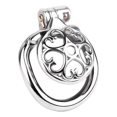 Heart-pattern flat stainless steel chastity cage LKM-042 front view